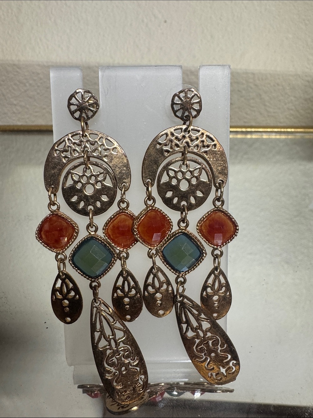 Bohemian Gold-Tone Dangle Earrings with Orange and Teal Gemstones